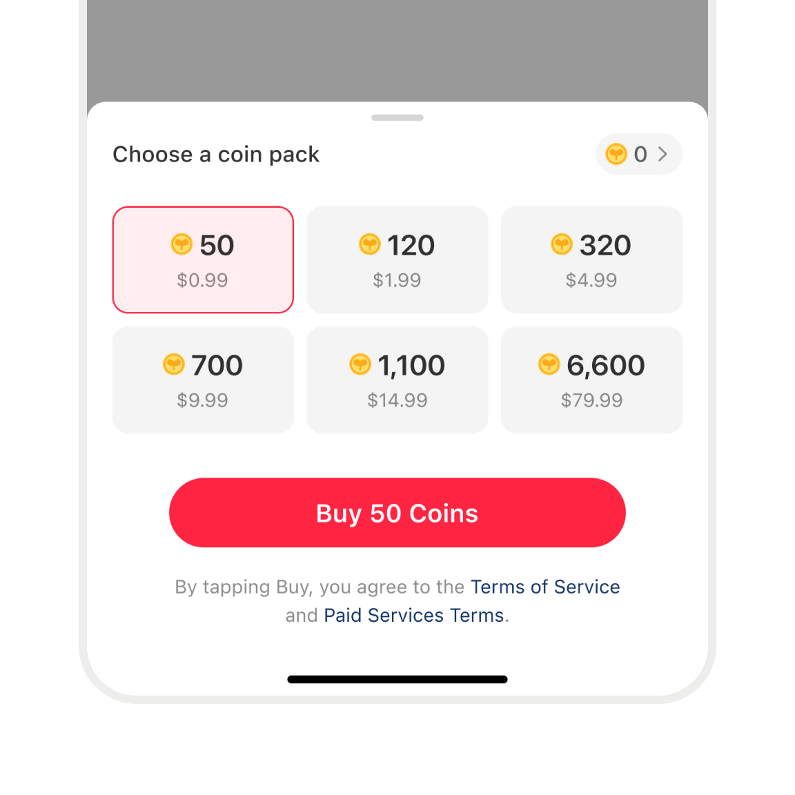 Coin purchase sheet in a paid content checkout flow